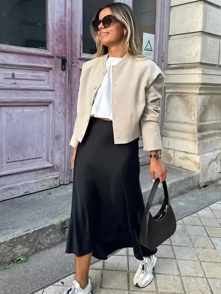 Anais – fustă midi din satin cu talie înaltă pentru femei, potrivită pentru birou și ocazii de seară