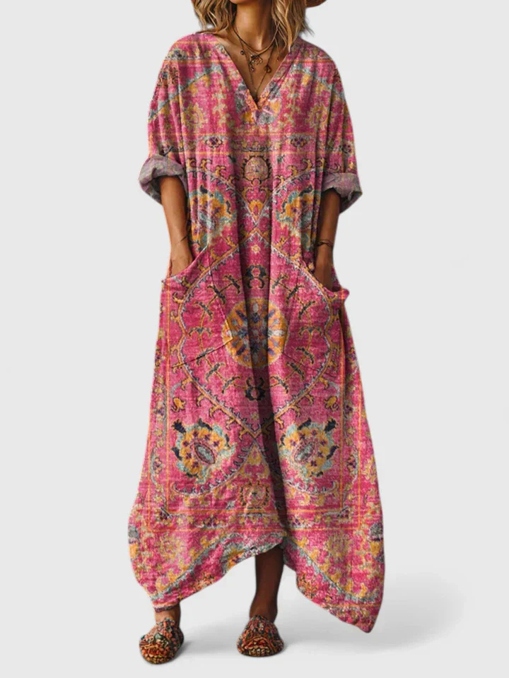 Jemma - Women's Printed Cotton Maxi Dress with Pockets