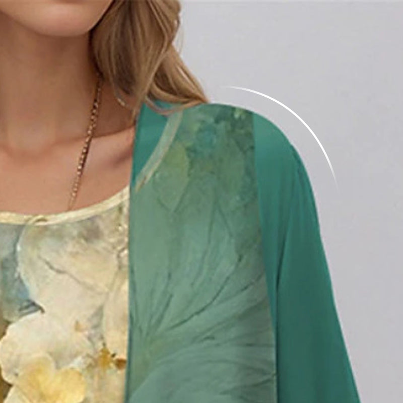 Rochie midi florală de damă, cu straturi, și cardigan transparent tip duster
