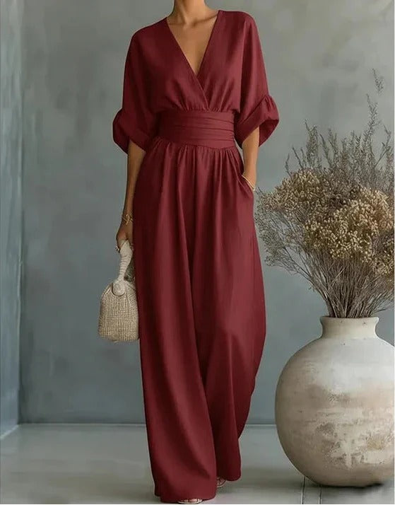 Women's Wide Leg Jumpsuit with Crossover Neckline