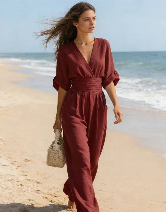 Women's Wide Leg Jumpsuit with Crossover Neckline