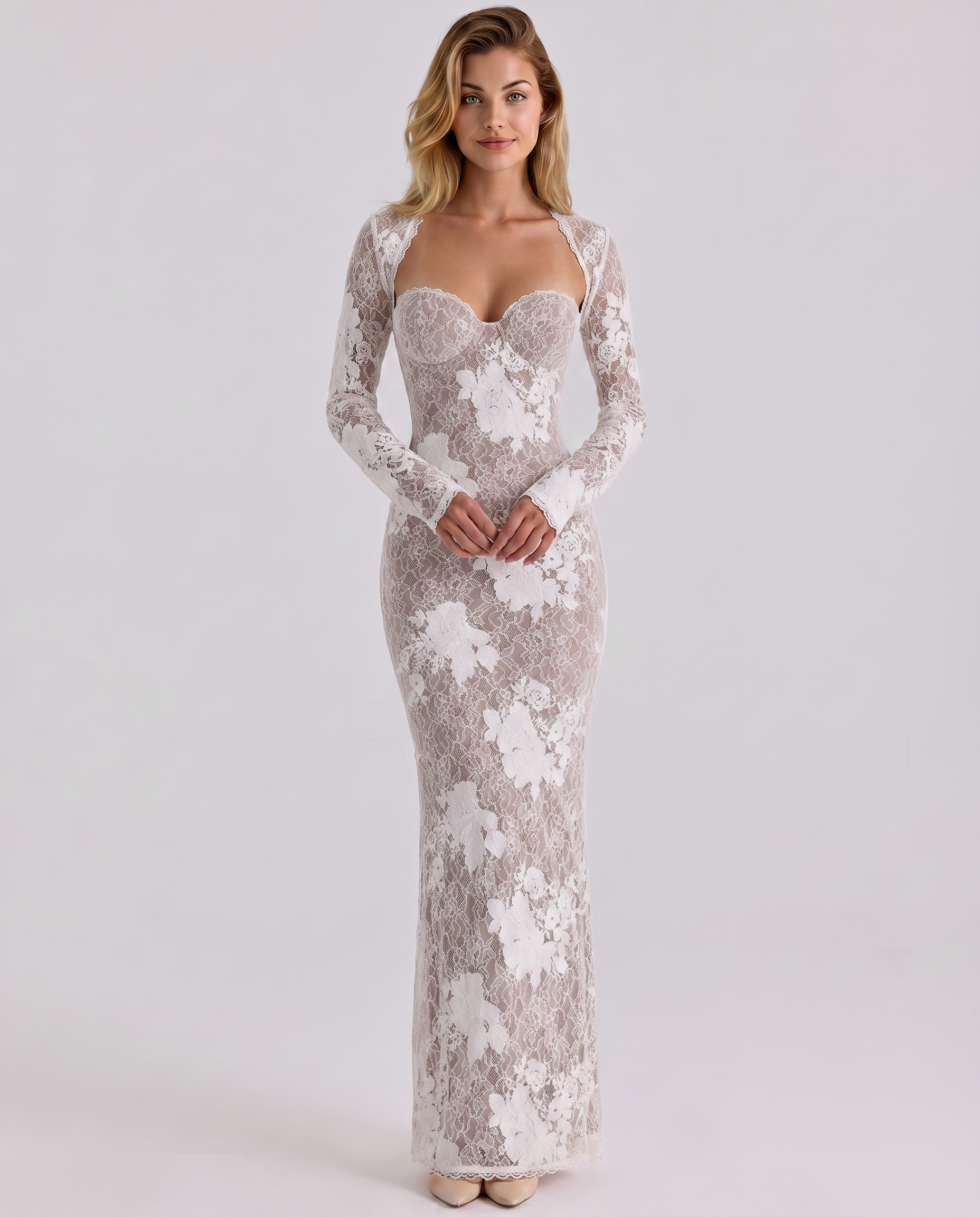 Sylvaine - Women's Maxi Dress with Lace Trim and Long Sleeves - photo 14