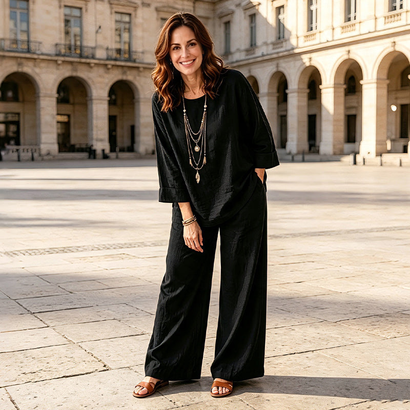 Tamsin - Women's Linen-Look Top and Wide-Leg Trousers Set - photo 2
