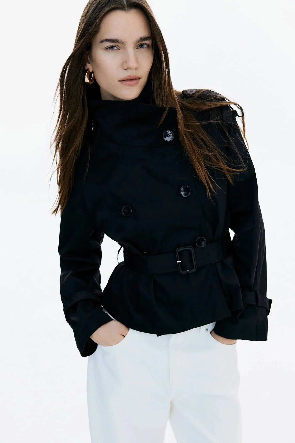 Gemma - Women's trench coat with high collar and tied belt - photo 2
