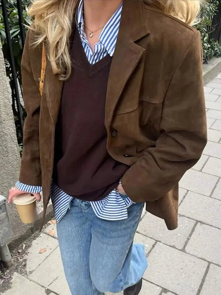 Davina - Women's Oversized Brown Suede Blazer Coat - photo 4