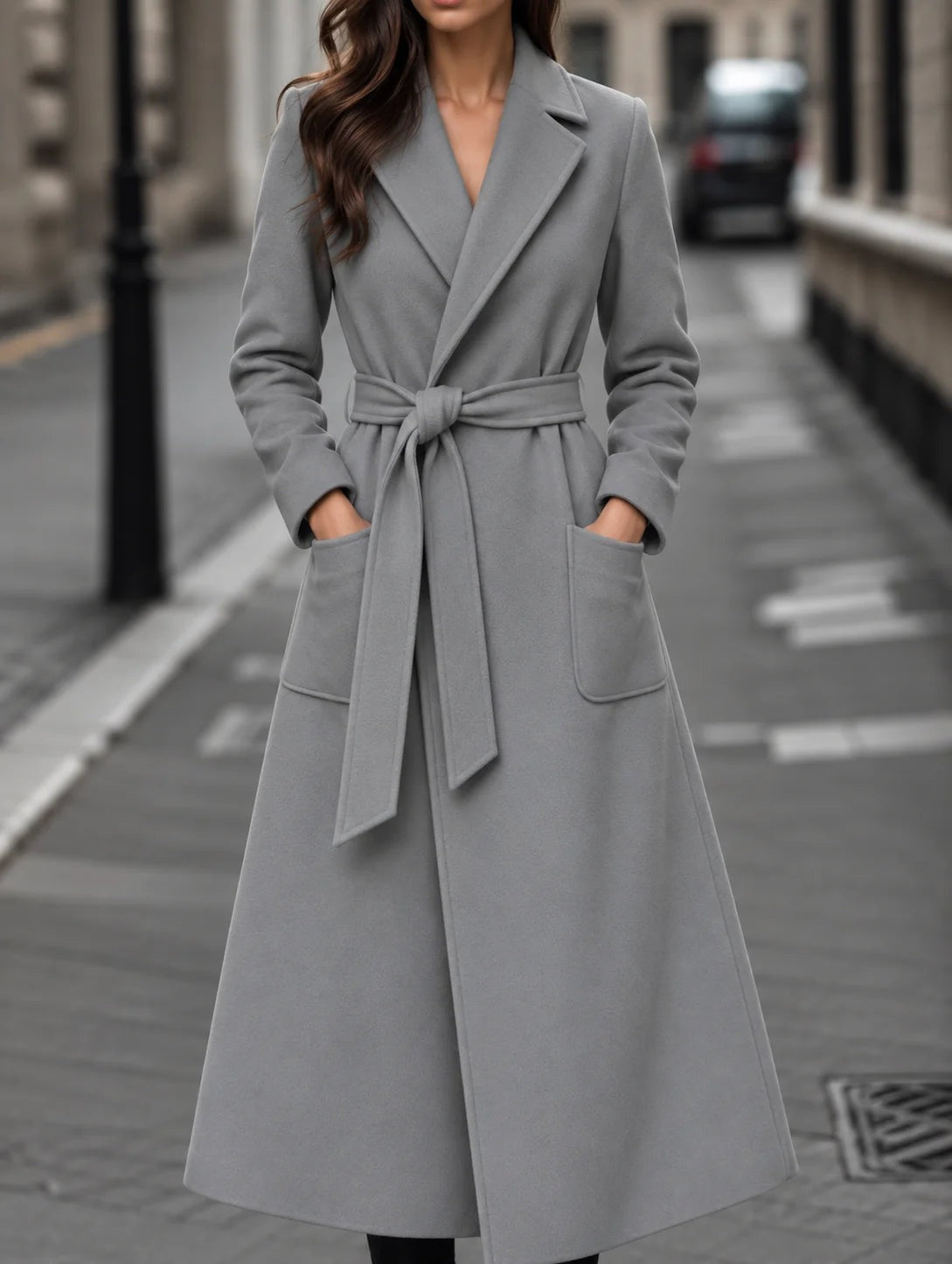 Valentina - Women's Long Belted A-Line Coat with Patch Pockets - Grey