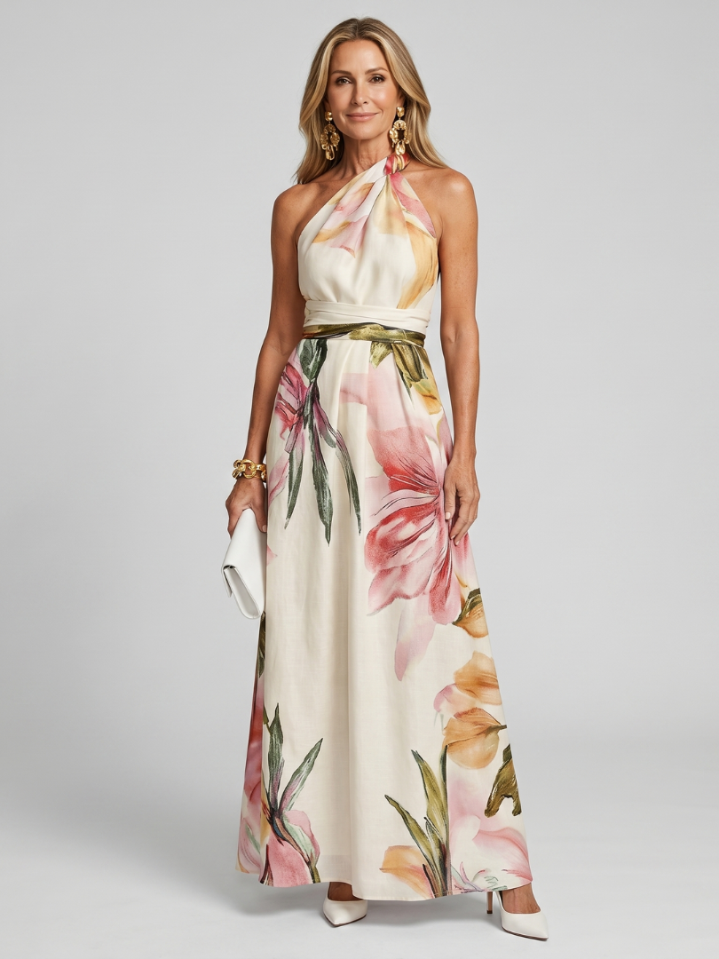 Valentine - Women's Maxi Dress with Floral Print and Tie Belt - photo 1