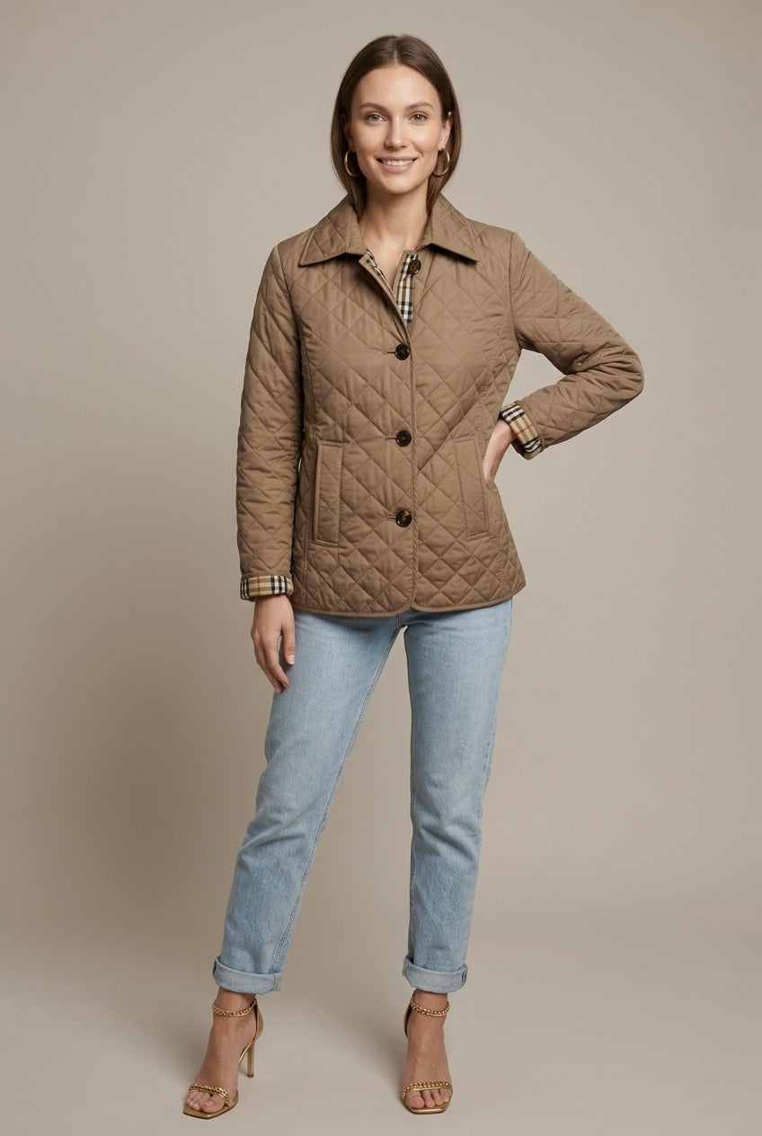 Women's Quilted Silk Jacket with Fitted Collar - Khaki