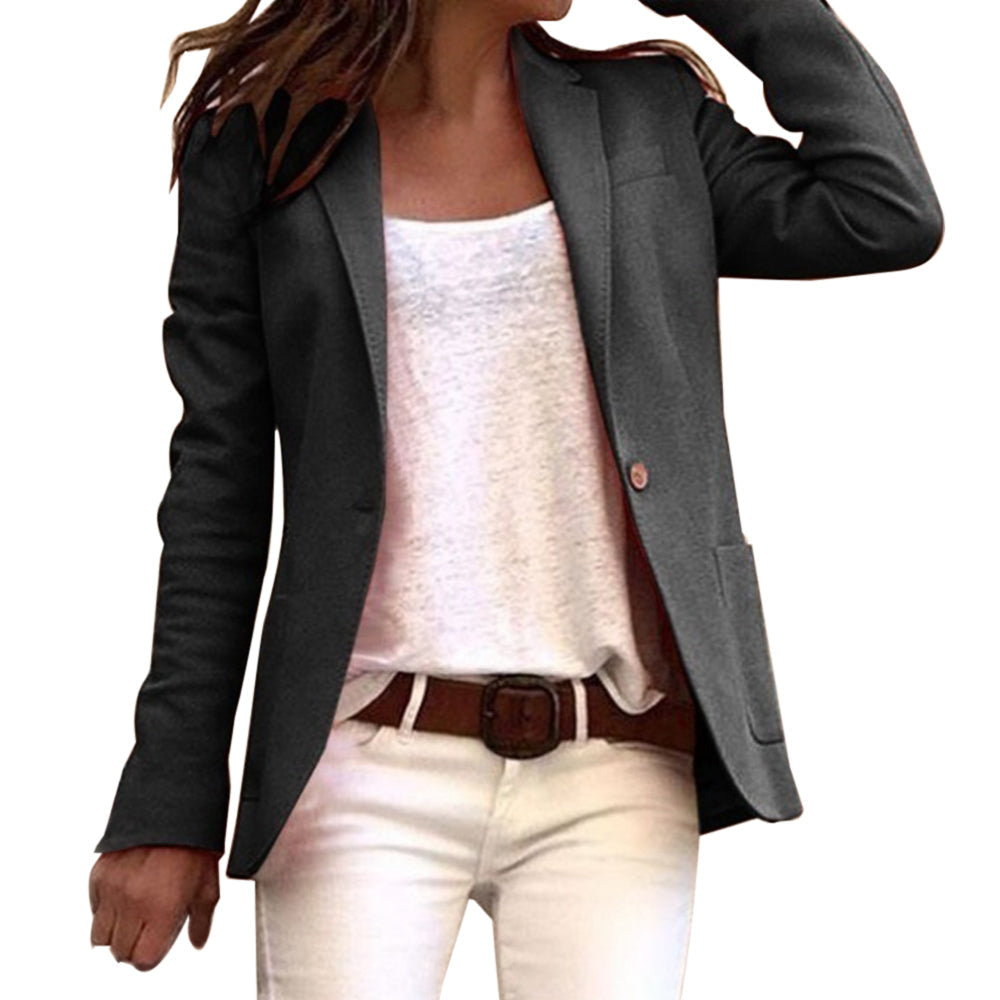 Women's Tailored Blazer with Lapel Collar and Single Button - Black