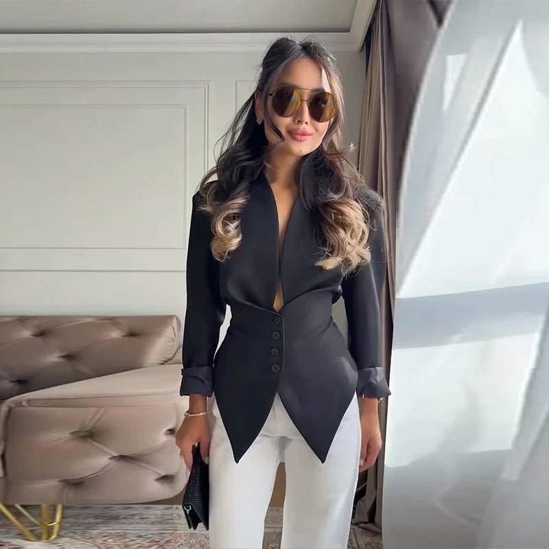 Venetia - Women's Relaxed Blazer with Pleats and V-Neck - photo 3