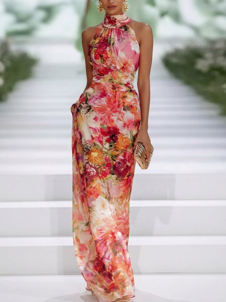 Vera - Rochie maxi florală cu guler halter pentru femei, potrivită pentru invitați la nuntă