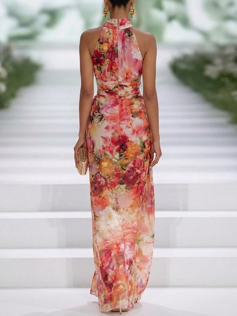 Vera - Rochie maxi florală cu guler halter pentru femei, potrivită pentru invitați la nuntă