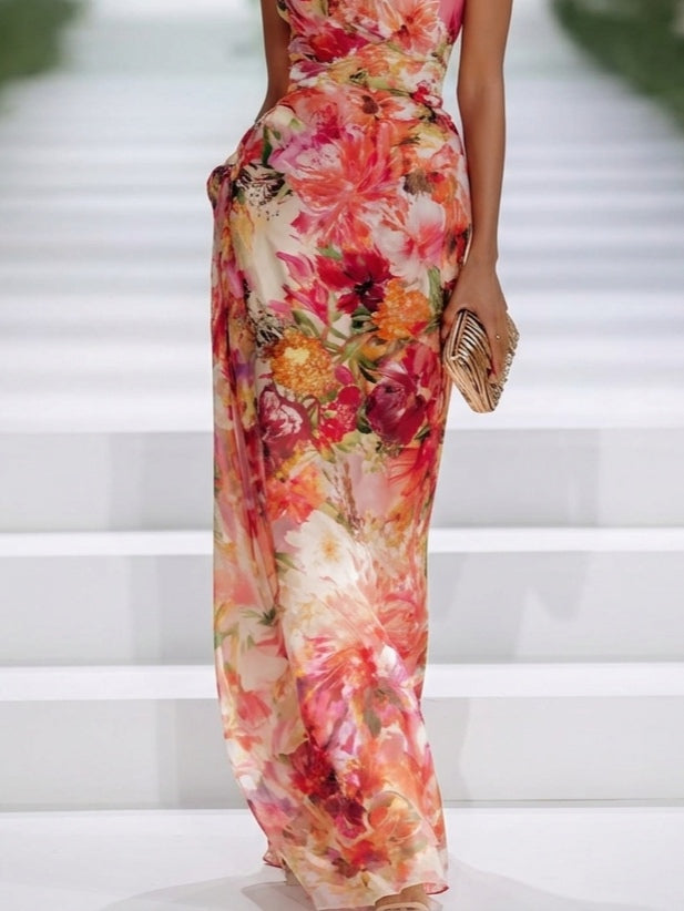 Vera - Rochie maxi florală cu guler halter pentru femei, potrivită pentru invitați la nuntă