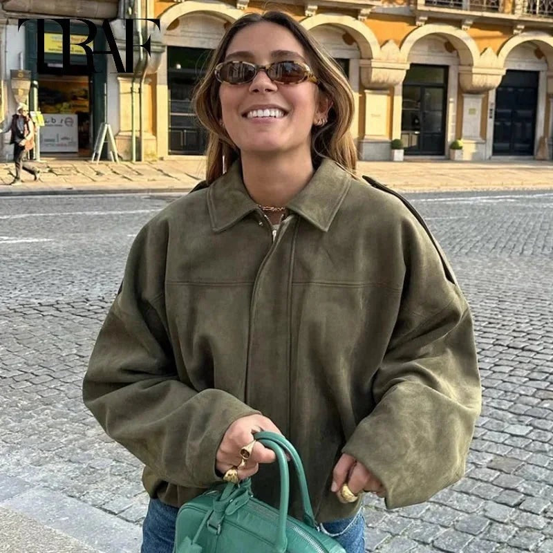Women's Suede Look Bomber Jacket for Layering