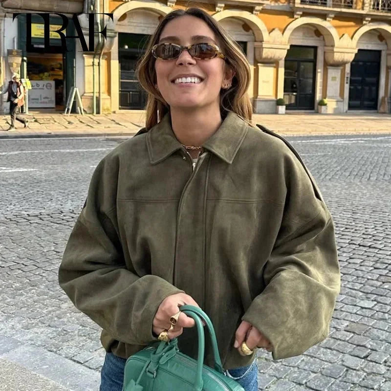 Women's Suede Look Bomber Jacket for Layering