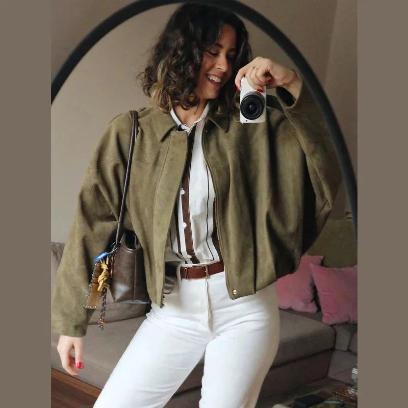 Women's Suede Look Bomber Jacket for Layering