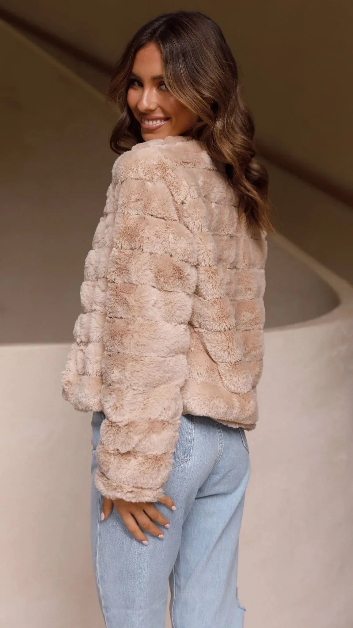 Camila - Women's Short Faux Fur Jacket with Open Collar