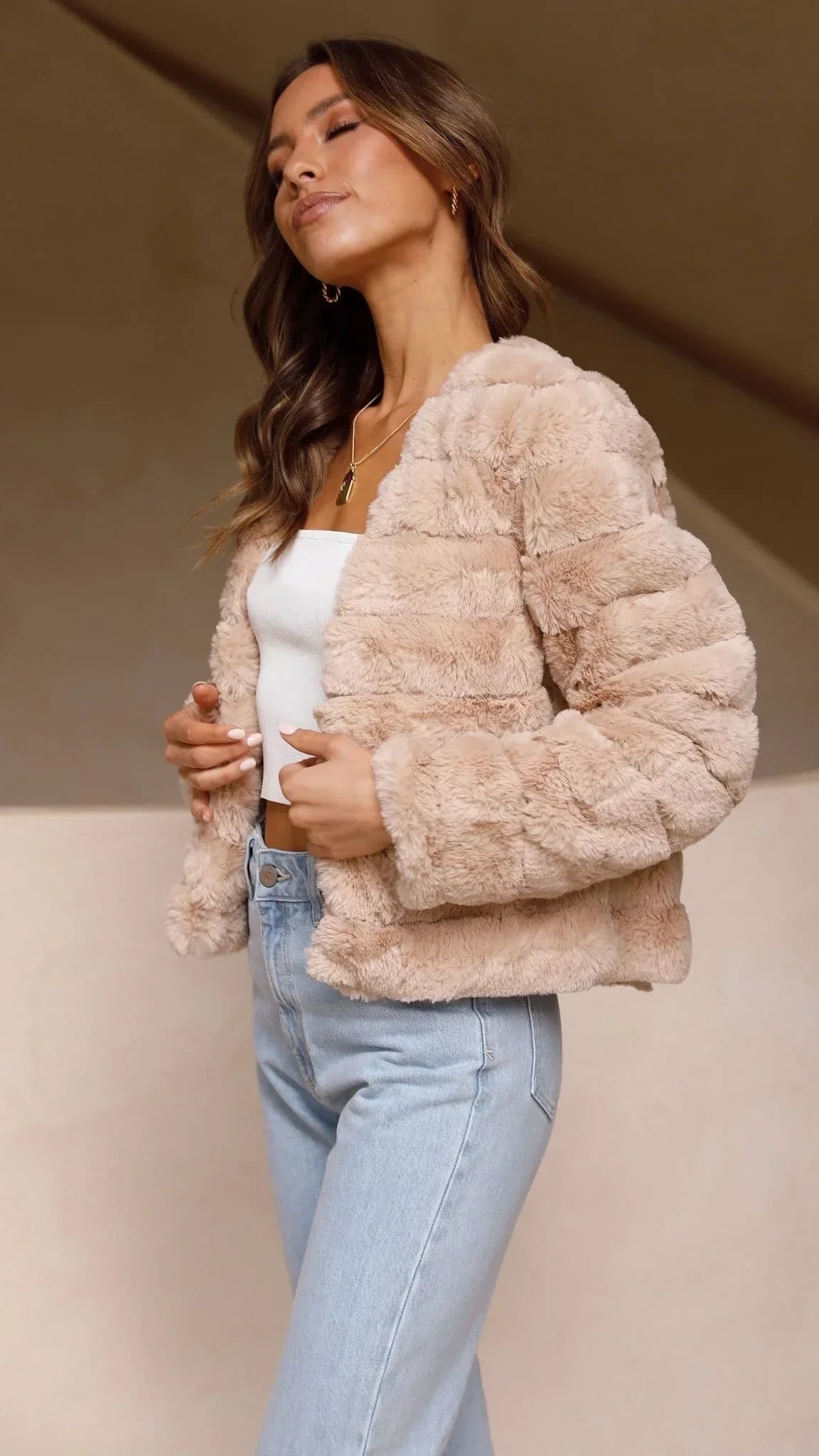 Camila - Women's Short Faux Fur Jacket with Open Collar