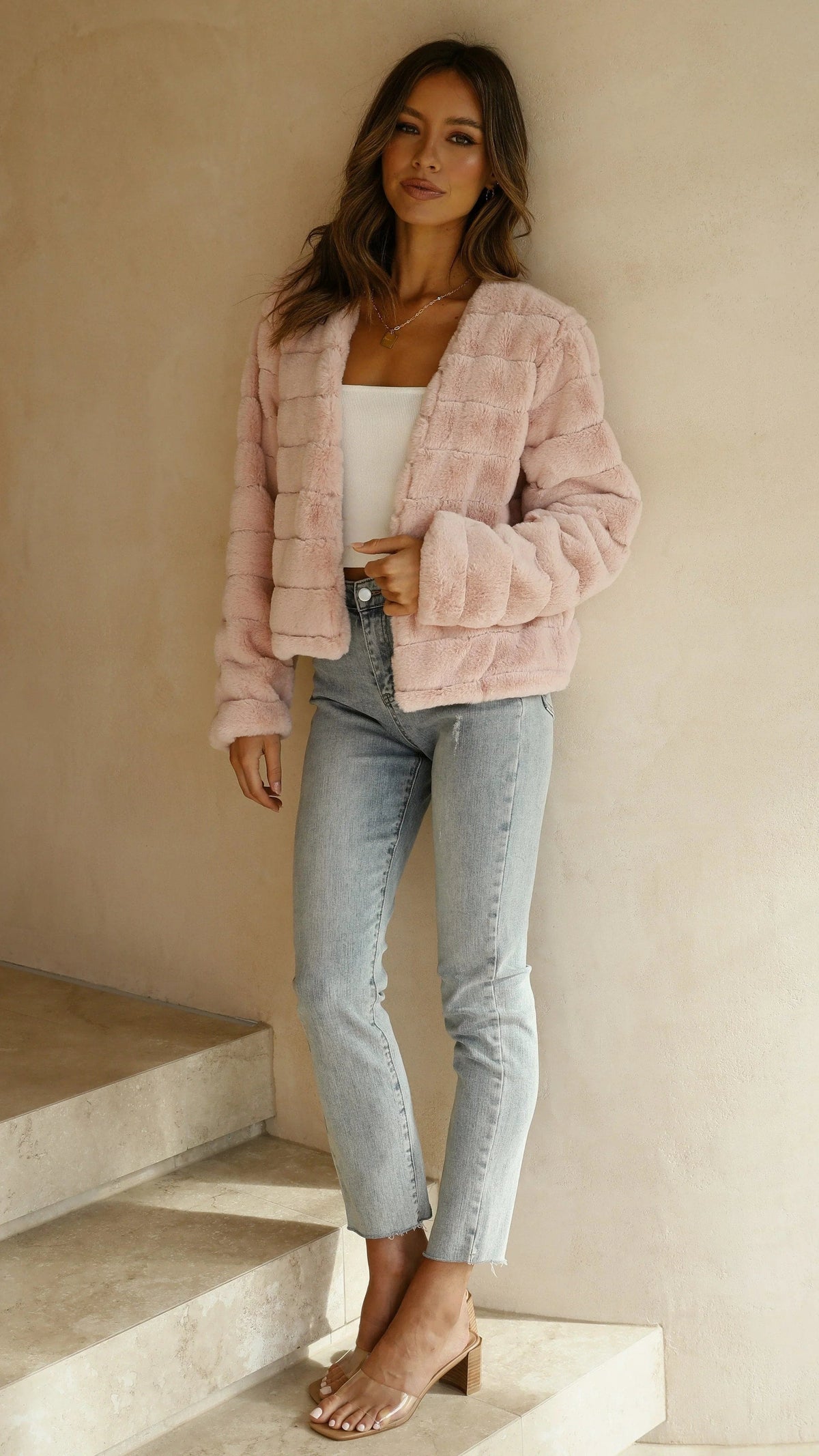 Camila - Women's Short Faux Fur Jacket with Open Collar