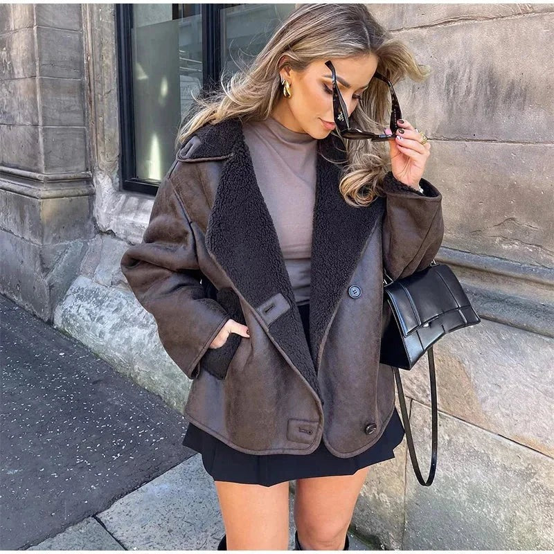 Gabriella - Women's dark brown sheepskin-effect jacket with large lapels - photo 2
