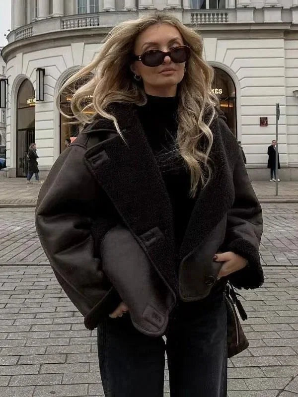 Gabriella - Women's dark brown sheepskin-effect jacket with large lapels - photo 4