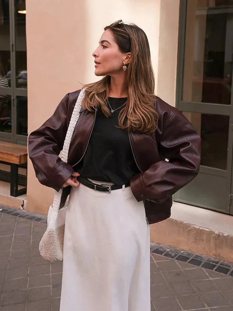Faith - Women's Faux Leather Jacket with Collar - photo 7