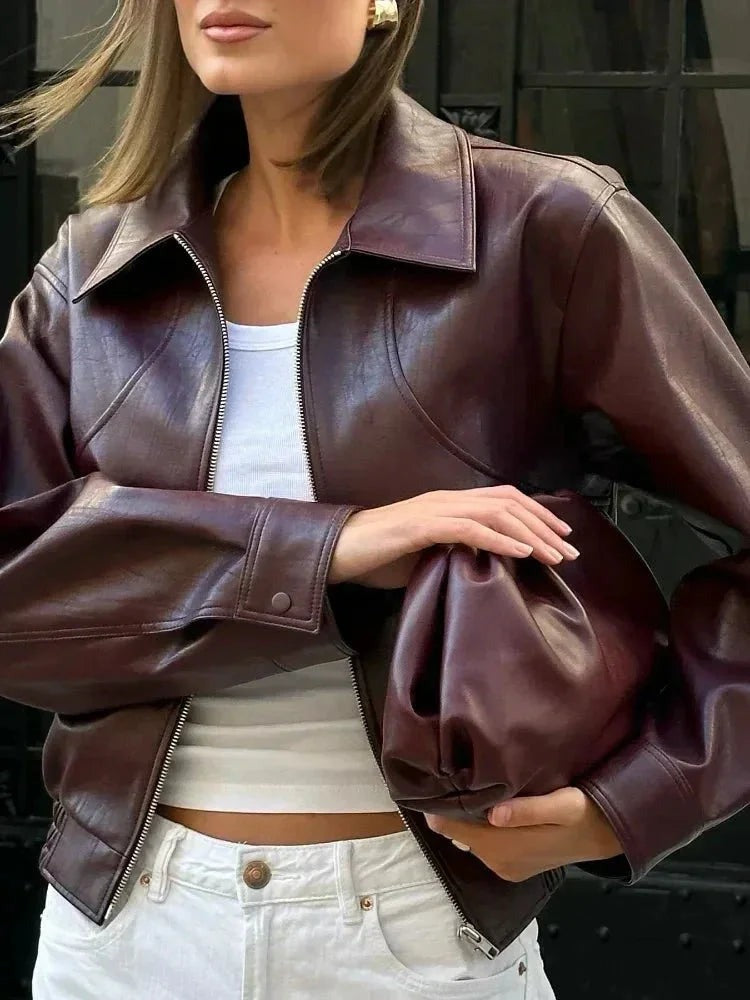 Faith - Women's Faux Leather Jacket with Collar - photo 4