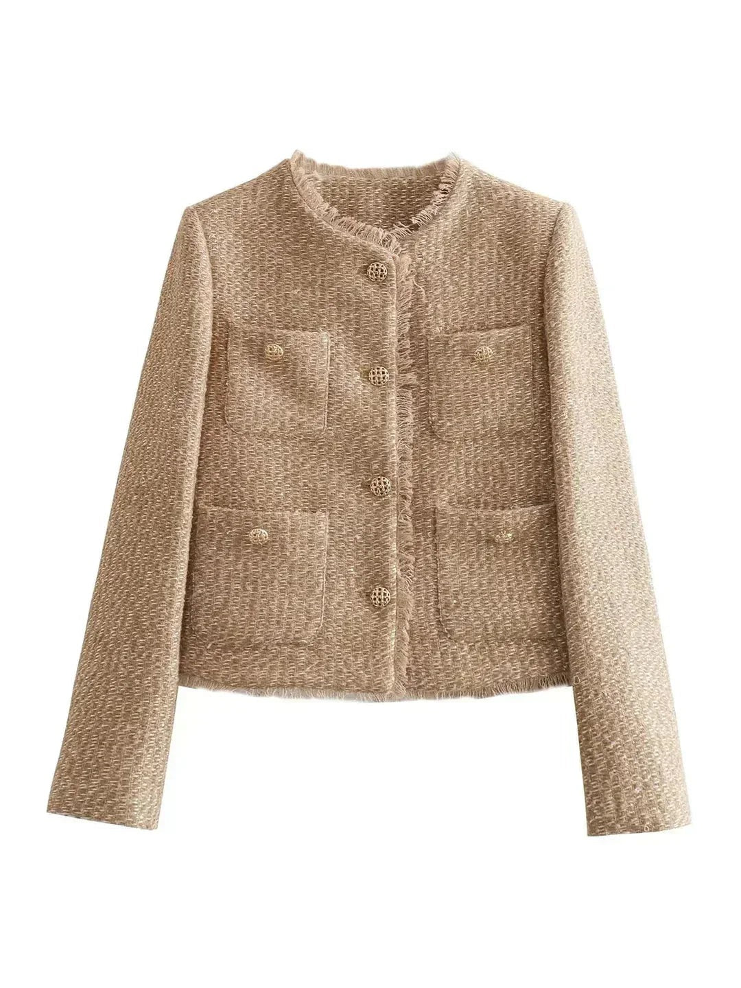 Eleanor - Women's beige tweed jacket with elegant buttons - photo 5