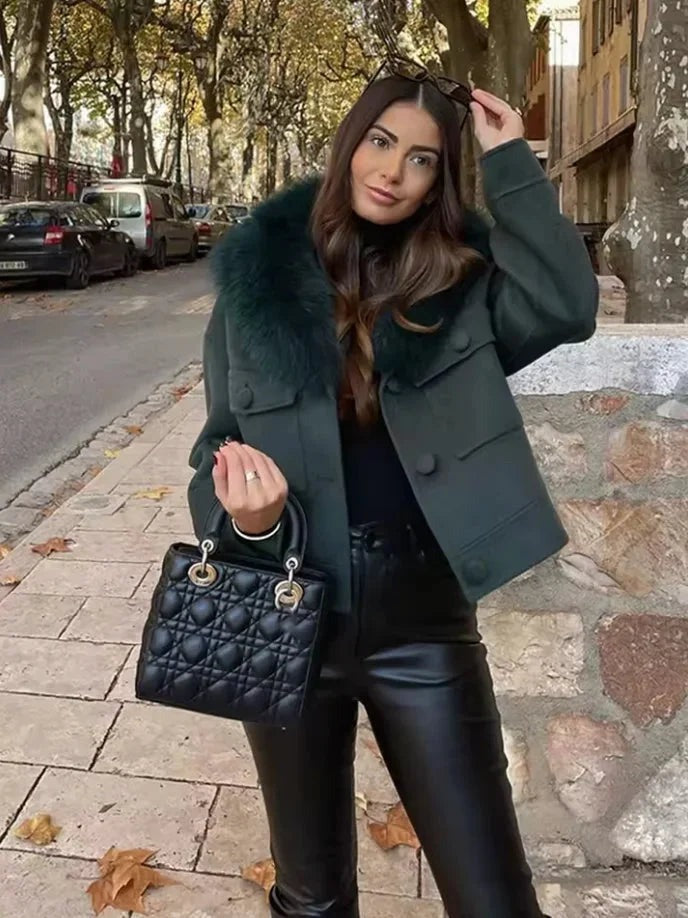 Vlasta - Women's Blazer with Faux Fur Collar