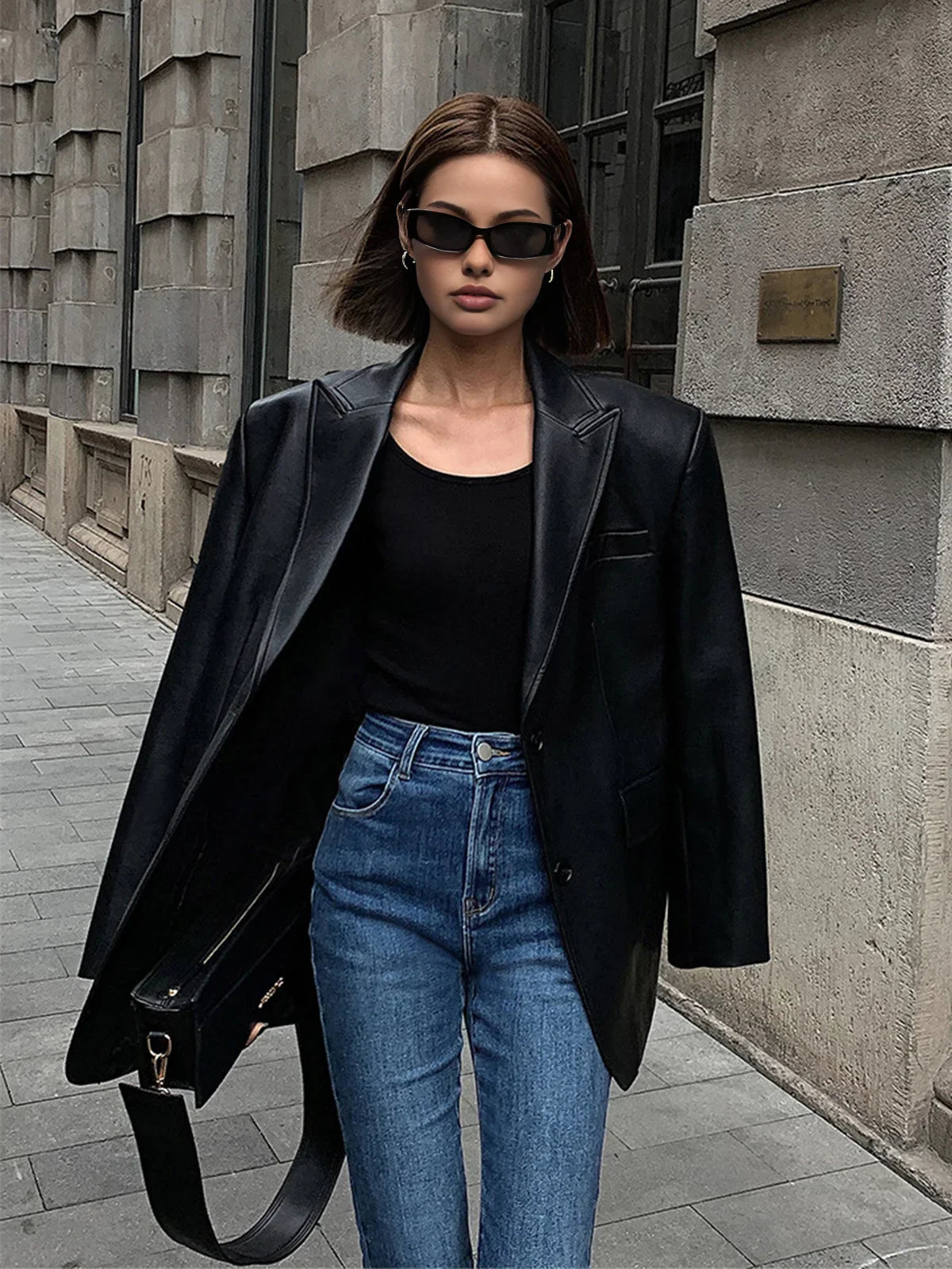 Veste Longue Effet Cuir Coupe Ample pour Femme