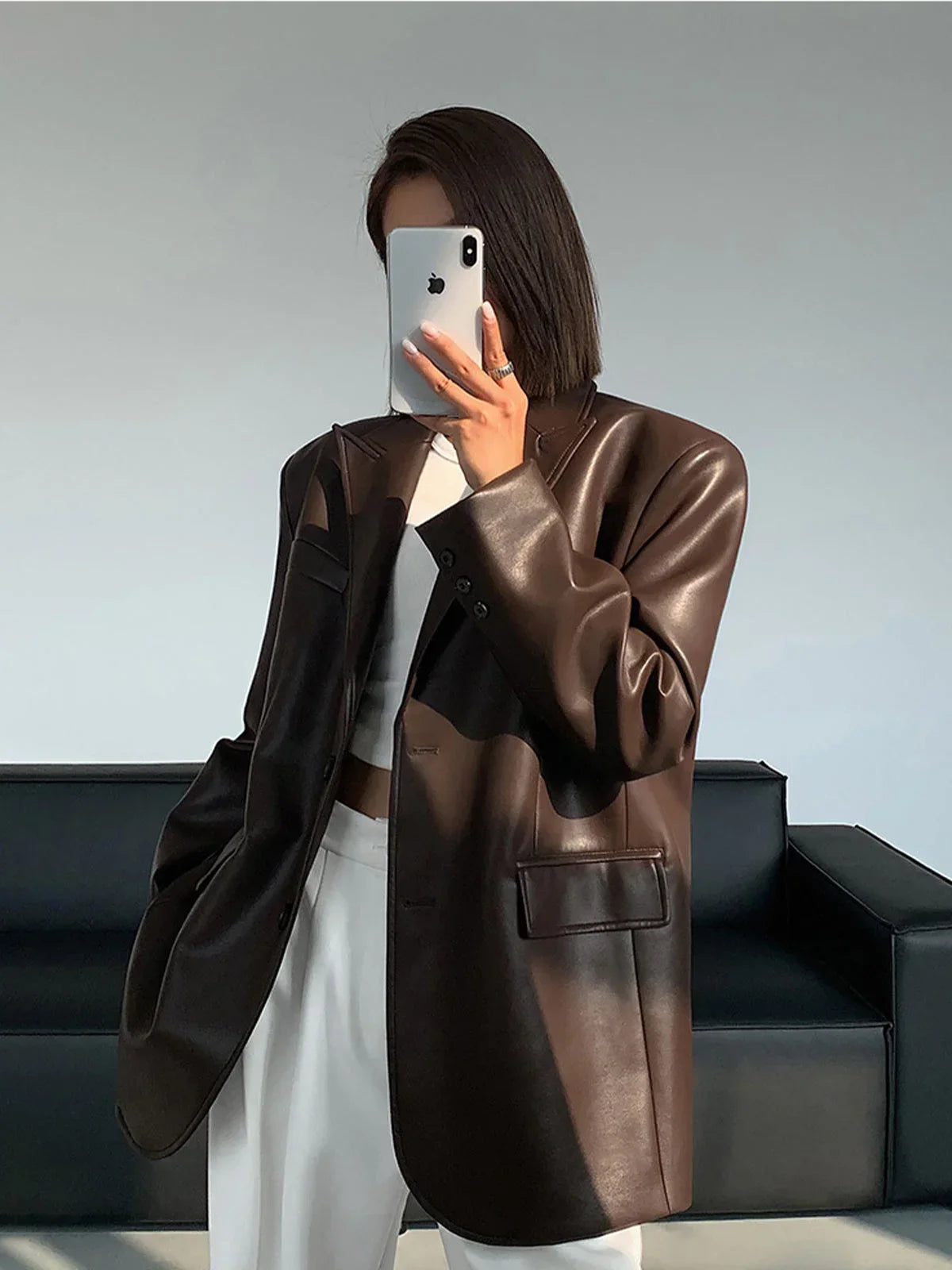 Veste Longue Effet Cuir Coupe Ample pour Femme