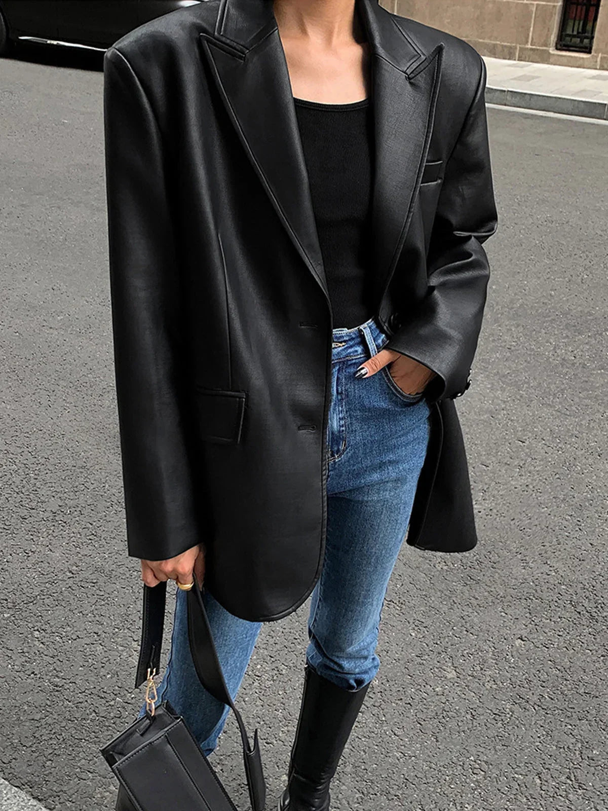 Veste Longue Effet Cuir Coupe Ample pour Femme