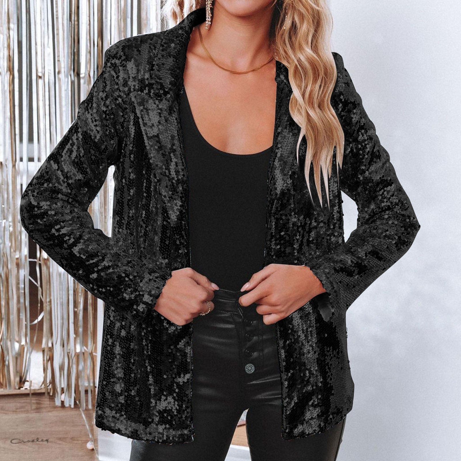 Women's Sequin Blazer with Open Front Design - photo 4