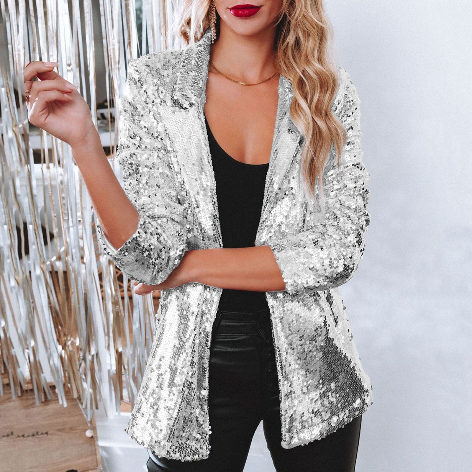 Women's Sequin Blazer with Open Front Design - photo 5