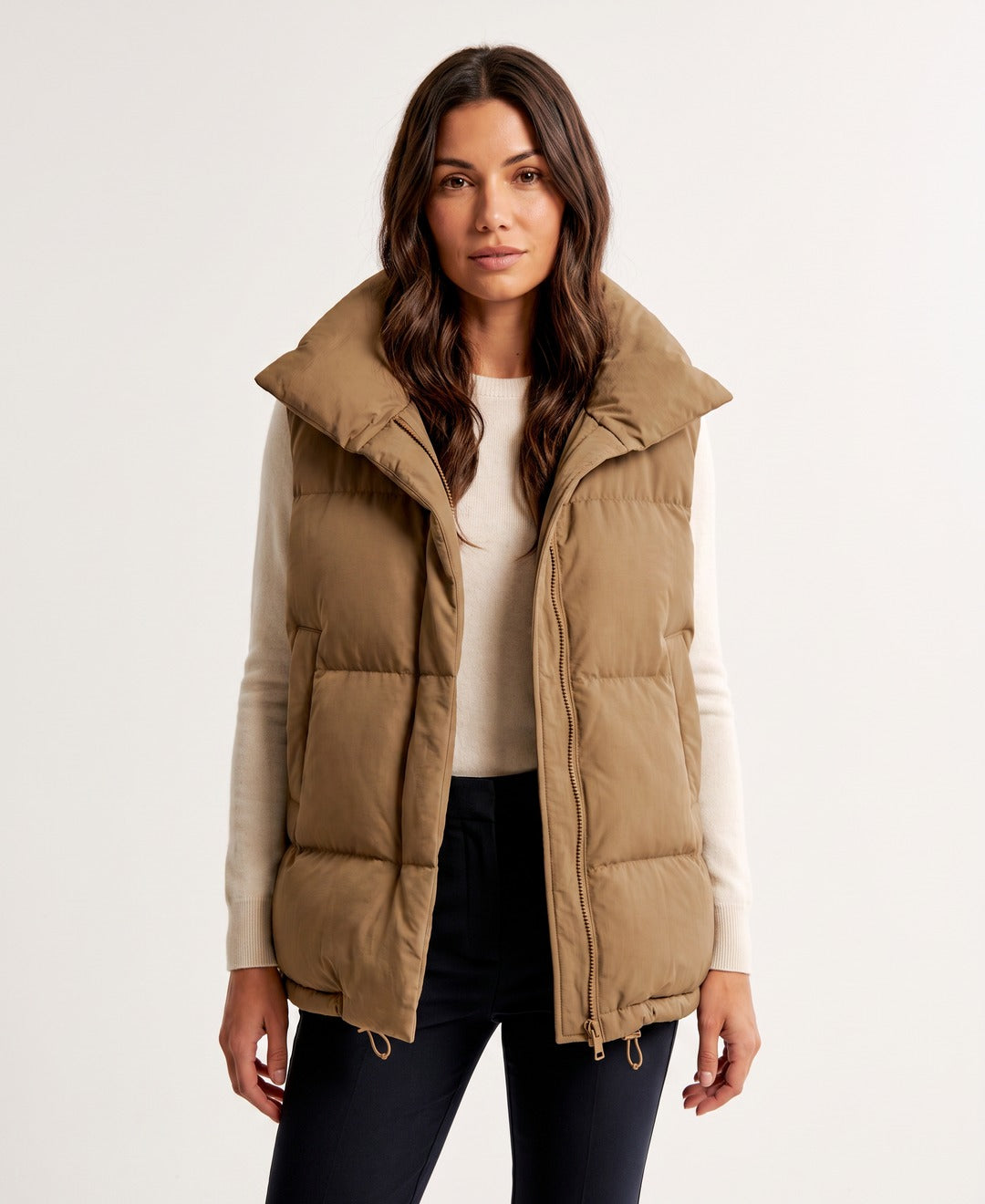 Women's Oversized Puffer Gilet with Funnel Collar - Light Brown