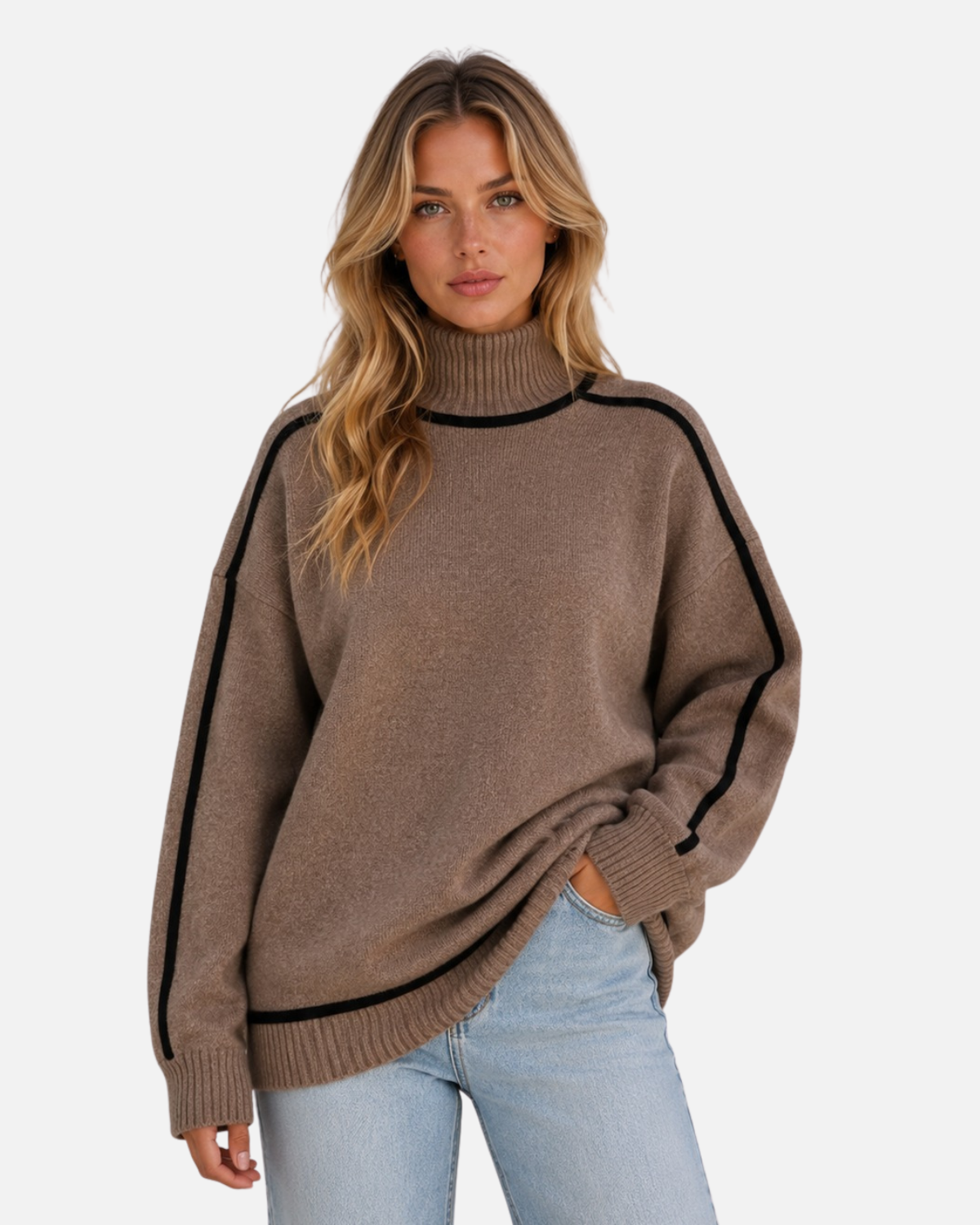 Women's Oversized Roll Neck Jumper - Brown