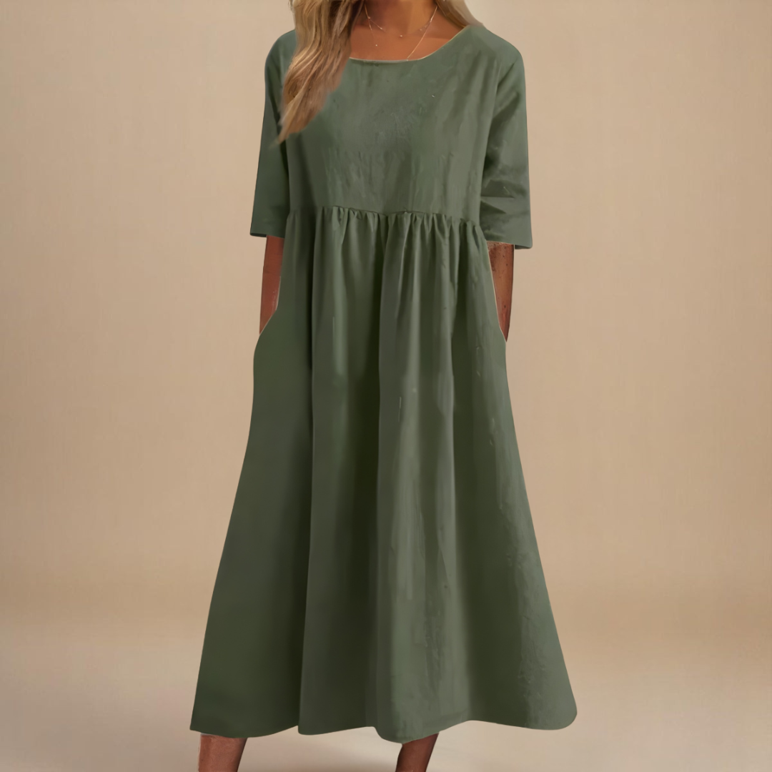 Women's Linen Midi Dress with Empire Waist