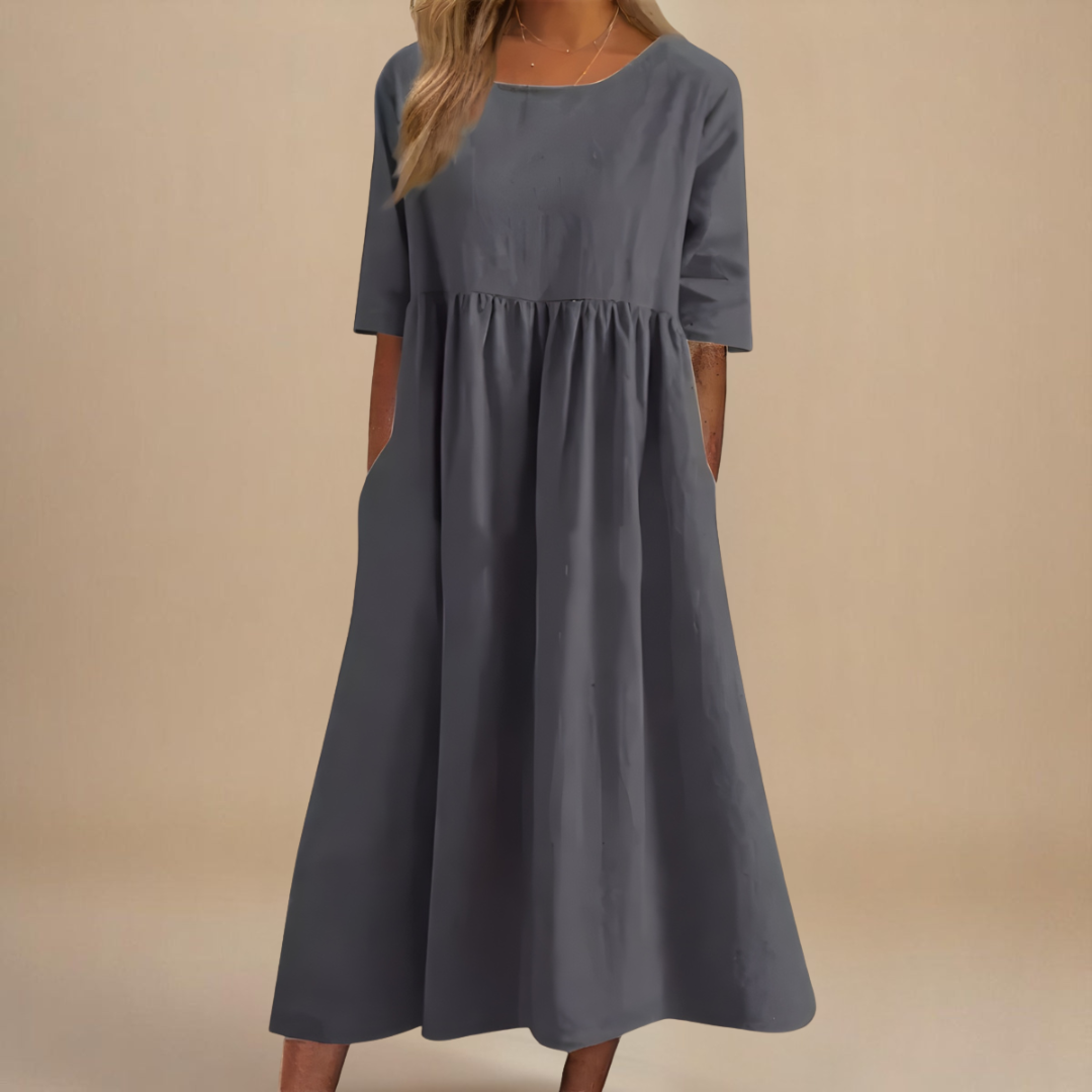 Women's Linen Midi Dress with Empire Waist