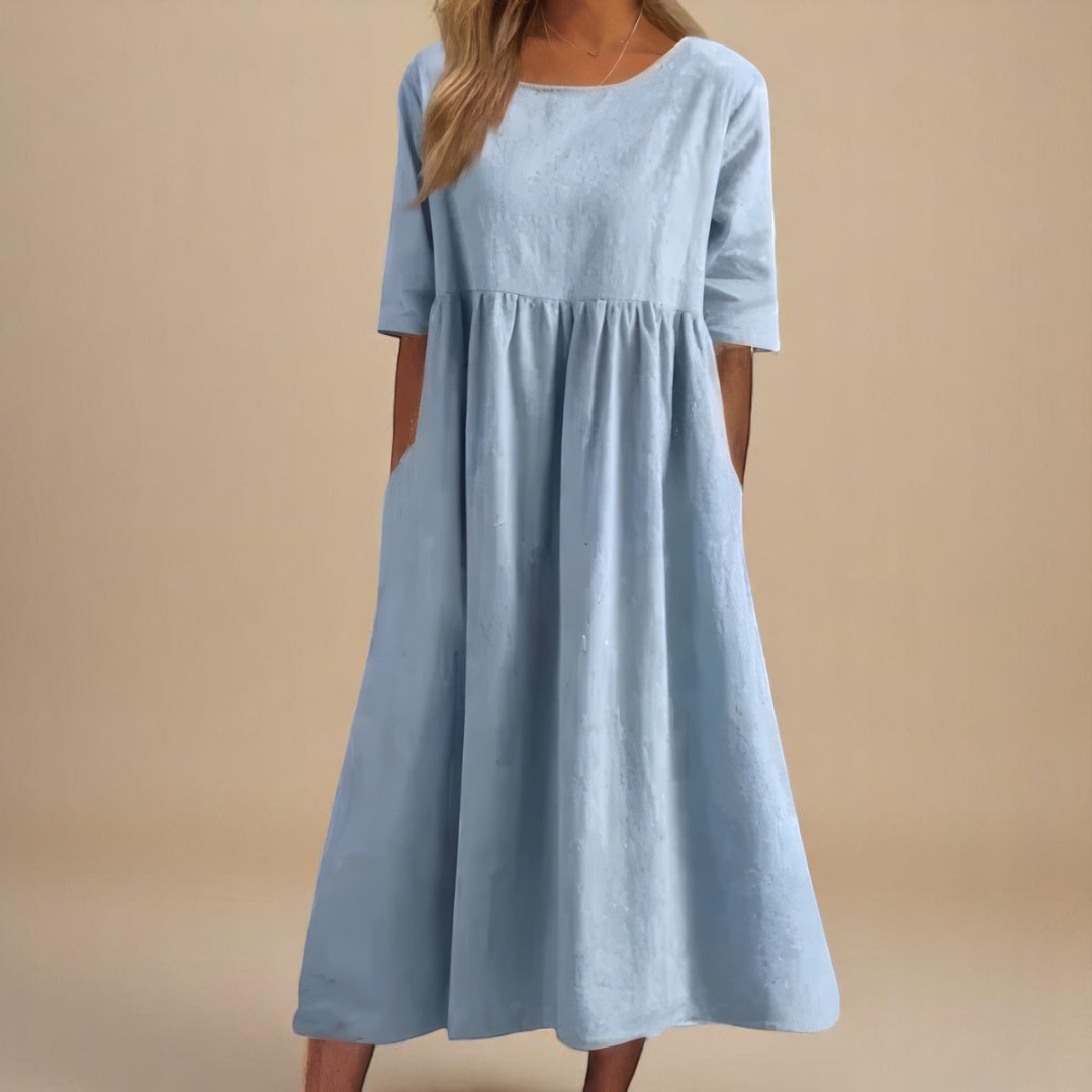 Women's Linen Midi Dress with Empire Waist