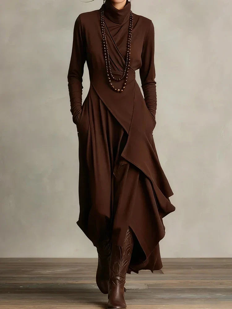 Alessandra - Women's Knitted Maxi Dress with Roll Neck