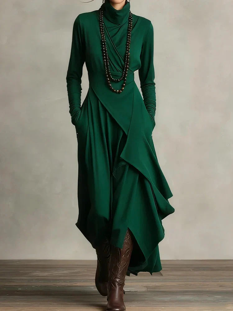 Alessandra - Women's Knitted Maxi Dress with Roll Neck