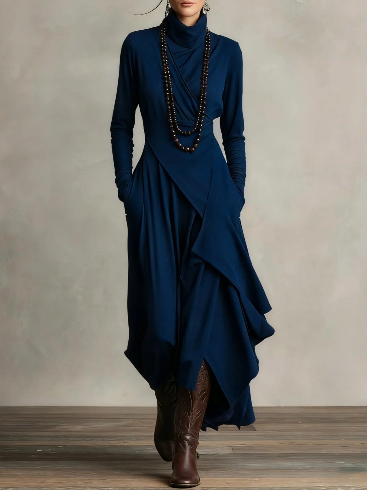 Alessandra - Women's Knitted Maxi Dress with Roll Neck