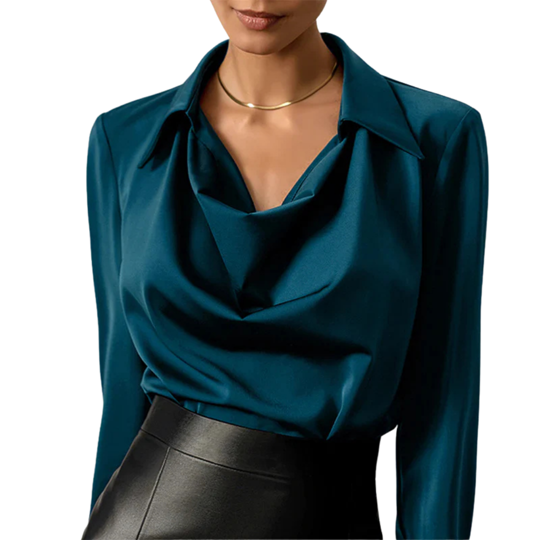 Women's Blouse with Shirt Collar and Cowl Neckline
