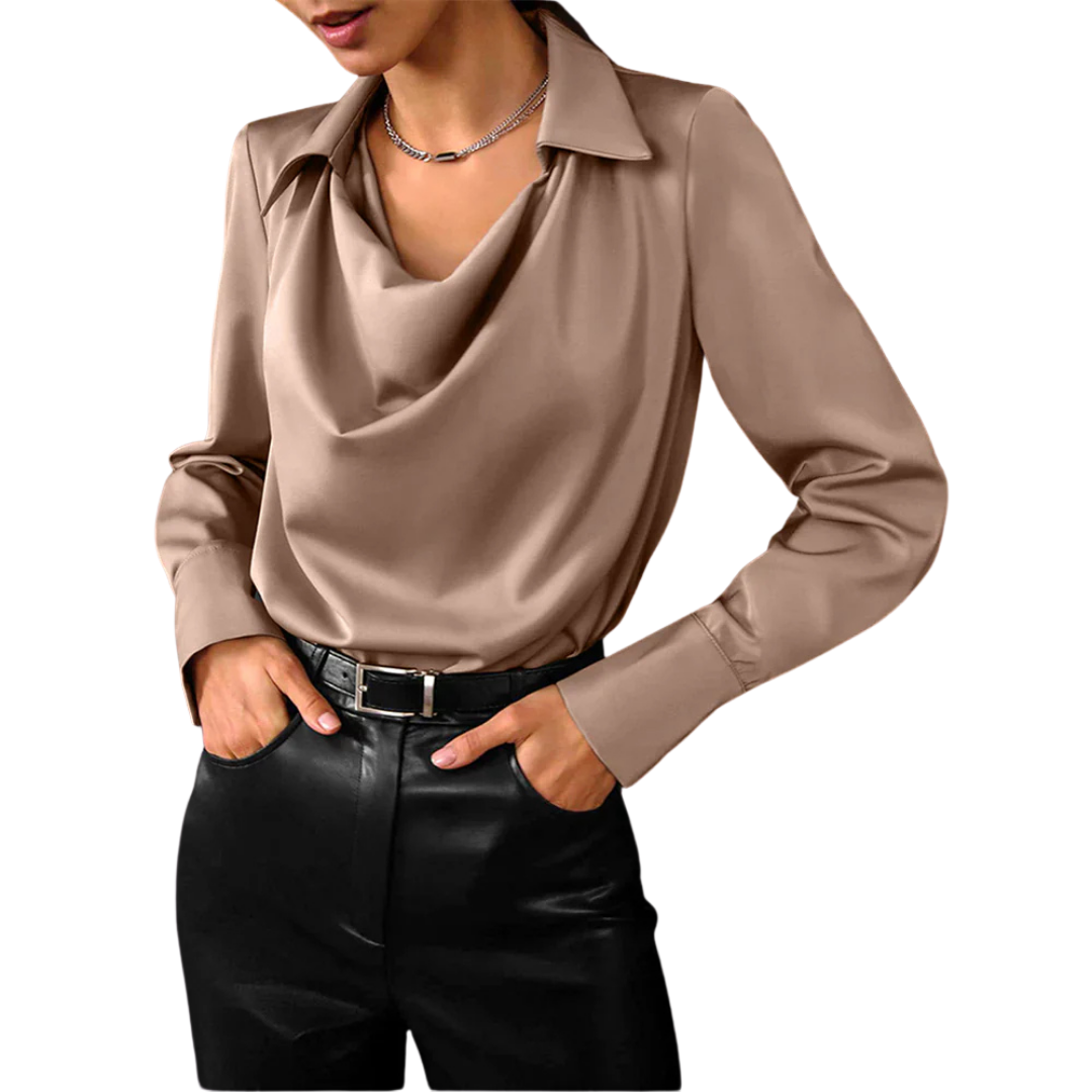 Women's Blouse with Shirt Collar and Cowl Neckline