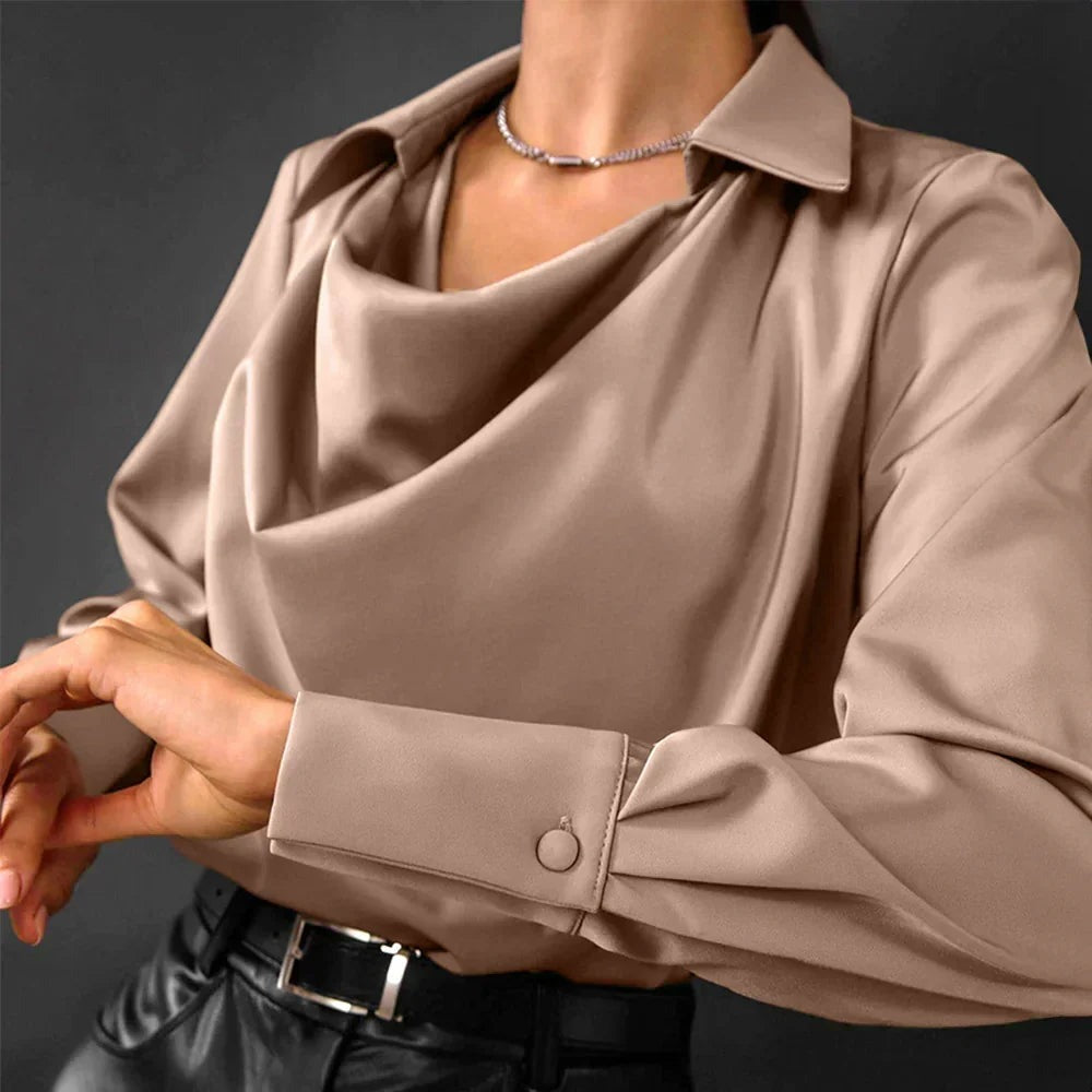Women's Blouse with Shirt Collar and Cowl Neckline