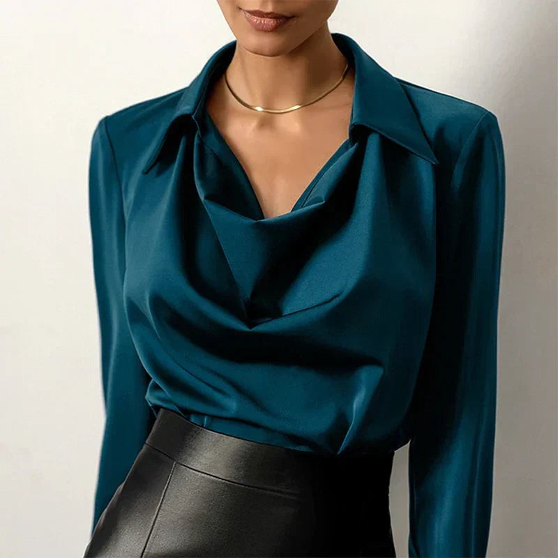 Women's Blouse with Shirt Collar and Cowl Neckline - Blue