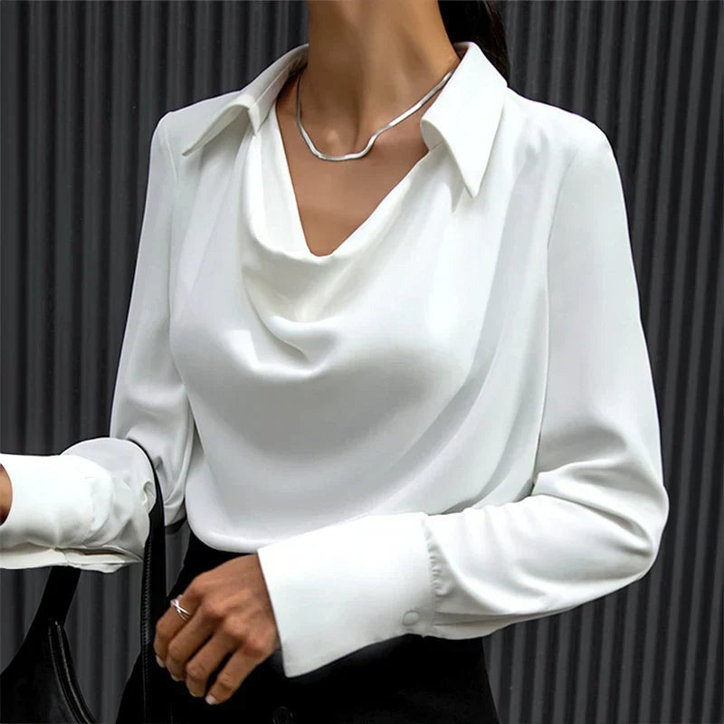 Women's Blouse with Shirt Collar and Cowl Neckline - White