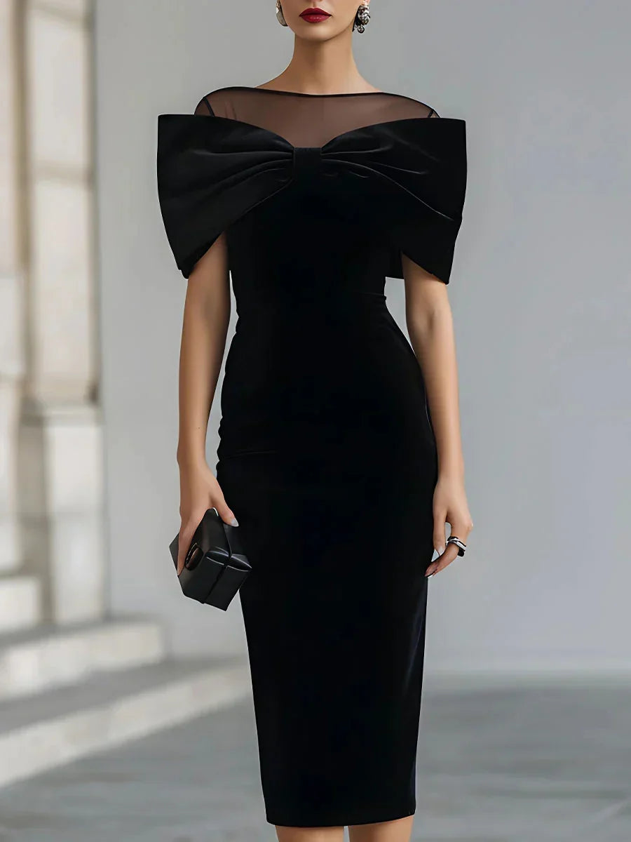Women's Bodycon Midi Dress with Sheer Neckline - Black
