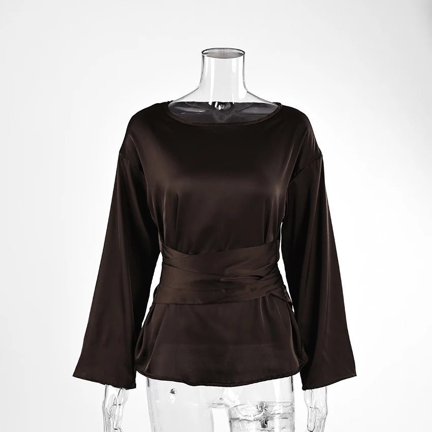 Betty - Camicetta da donna in raso marrone con dettaglio posteriore con fiocco