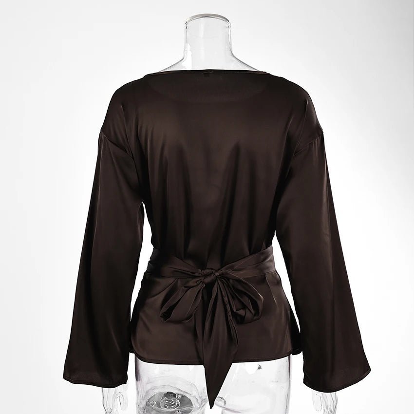 Betty - Camicetta da donna in raso marrone con dettaglio posteriore con fiocco